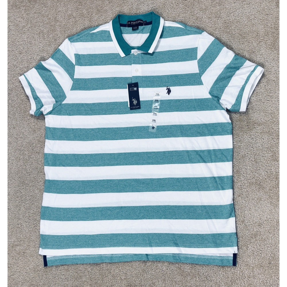 US Polo Assn Mens XXL Green White Striped Short Sleeve Cotton Polo Shirt NEW